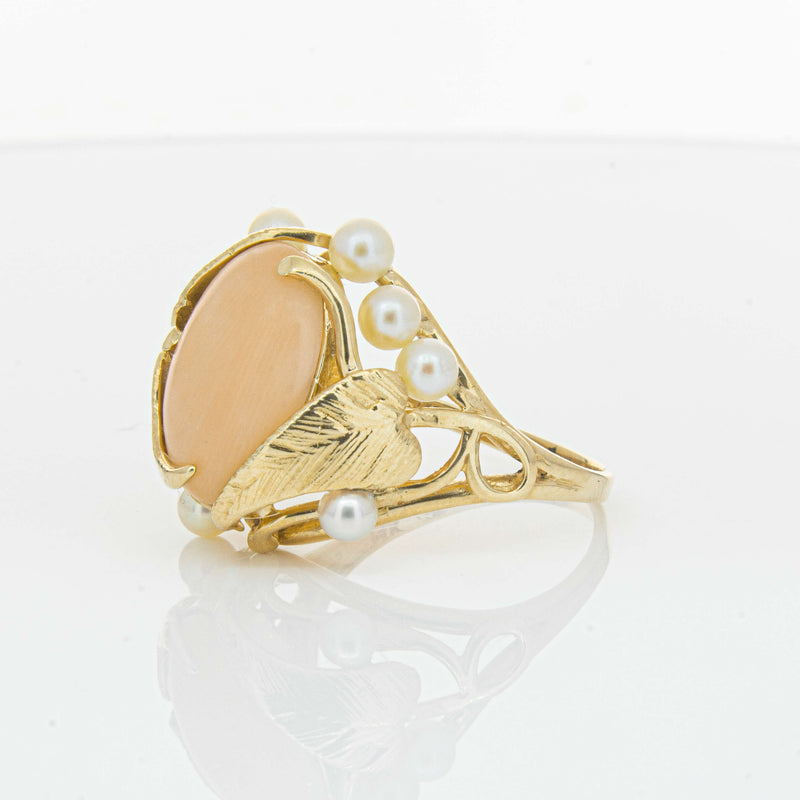 Deja Vu 14ct Yellow Gold Pink Coral & Pearl Ring - Ring - Walker & Hall