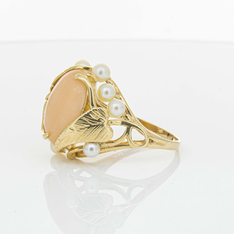 Deja Vu 14ct Yellow Gold Pink Coral & Pearl Ring - Ring - Walker & Hall