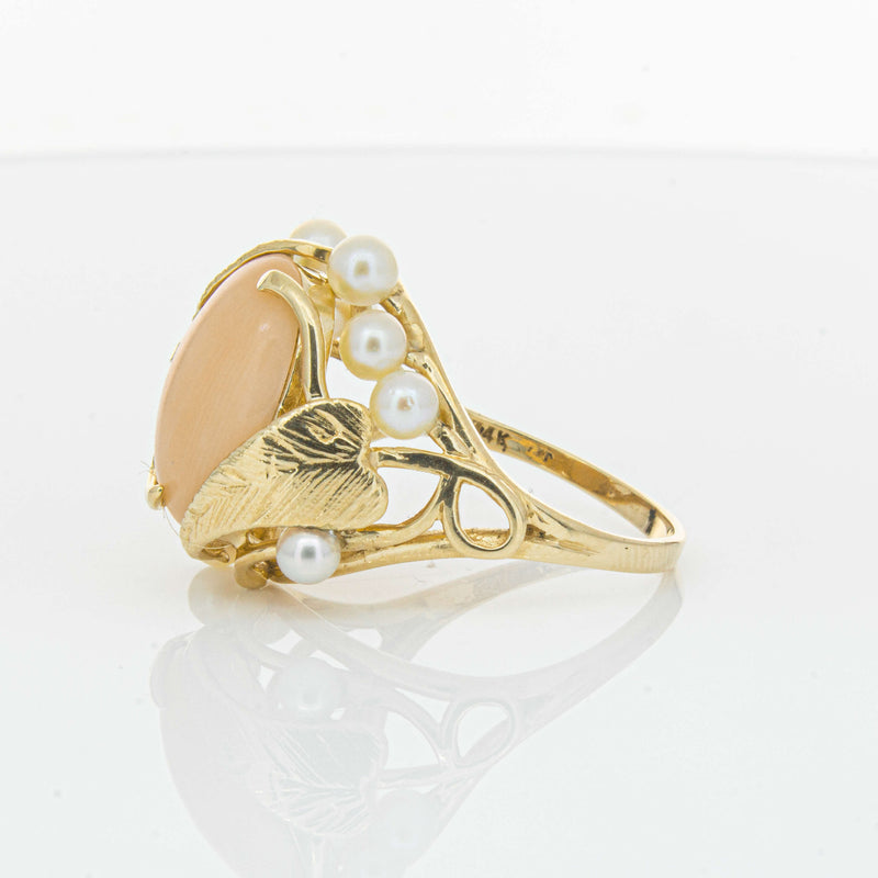 Deja Vu 14ct Yellow Gold Pink Coral & Pearl Ring - Ring - Walker & Hall