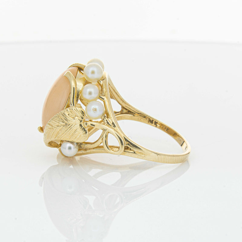 Deja Vu 14ct Yellow Gold Pink Coral & Pearl Ring - Ring - Walker & Hall