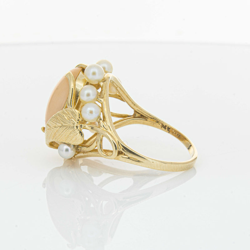 Deja Vu 14ct Yellow Gold Pink Coral & Pearl Ring - Ring - Walker & Hall