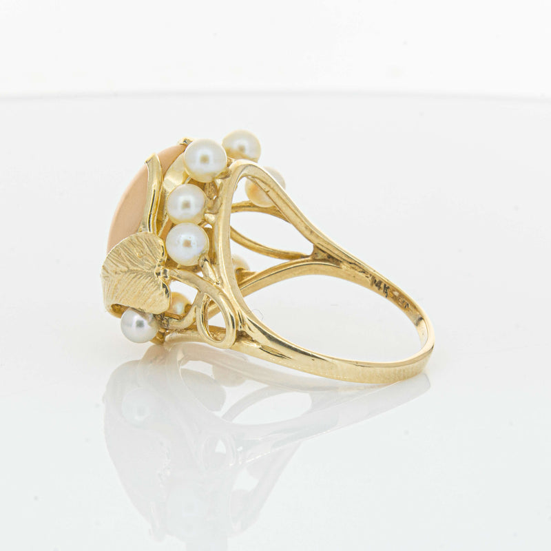 Deja Vu 14ct Yellow Gold Pink Coral & Pearl Ring - Ring - Walker & Hall