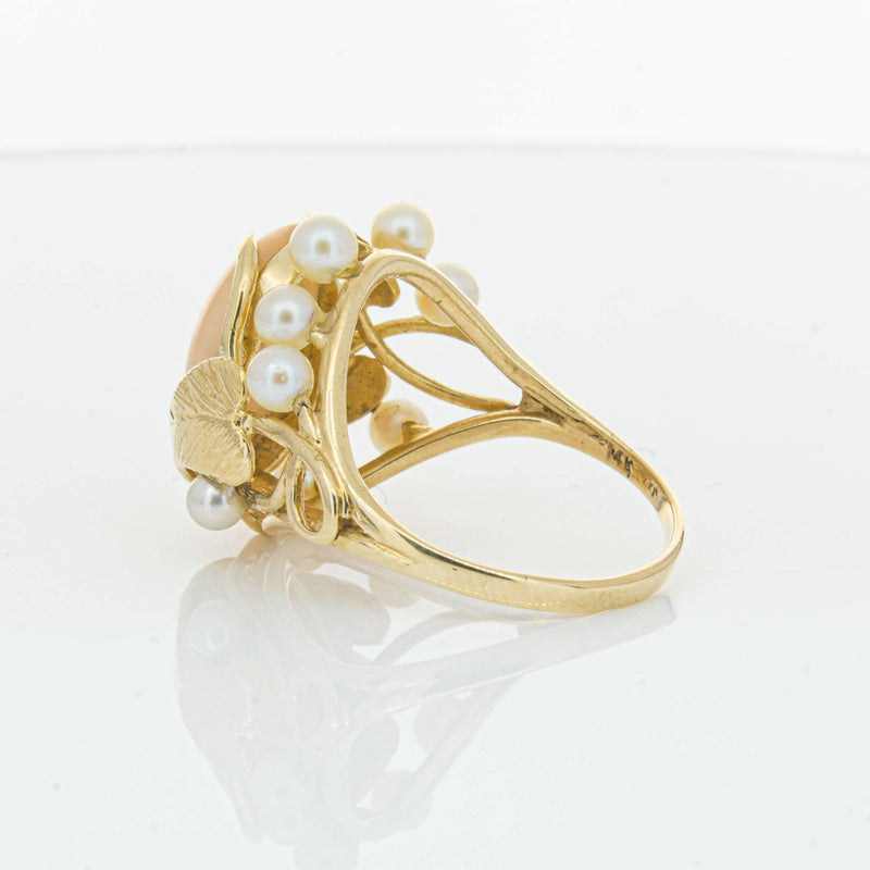 Deja Vu 14ct Yellow Gold Pink Coral & Pearl Ring - Ring - Walker & Hall