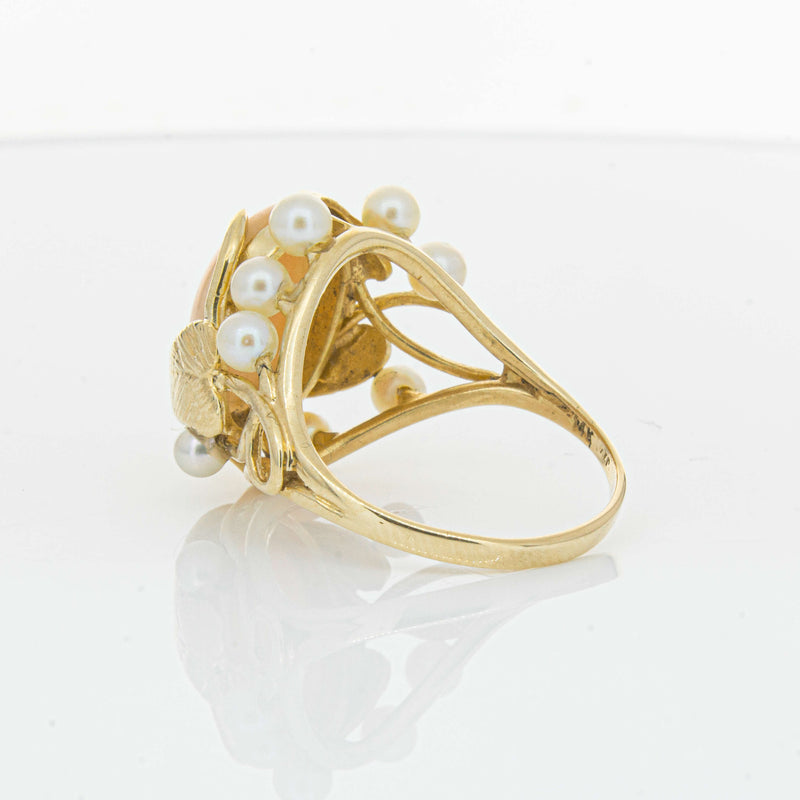 Deja Vu 14ct Yellow Gold Pink Coral & Pearl Ring - Ring - Walker & Hall