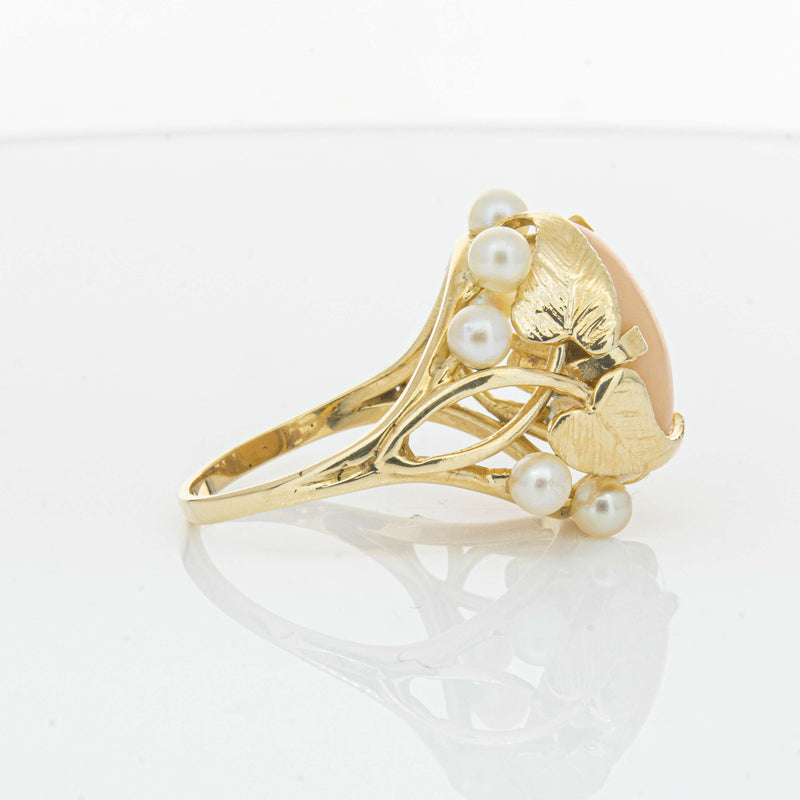 Deja Vu 14ct Yellow Gold Pink Coral & Pearl Ring - Ring - Walker & Hall