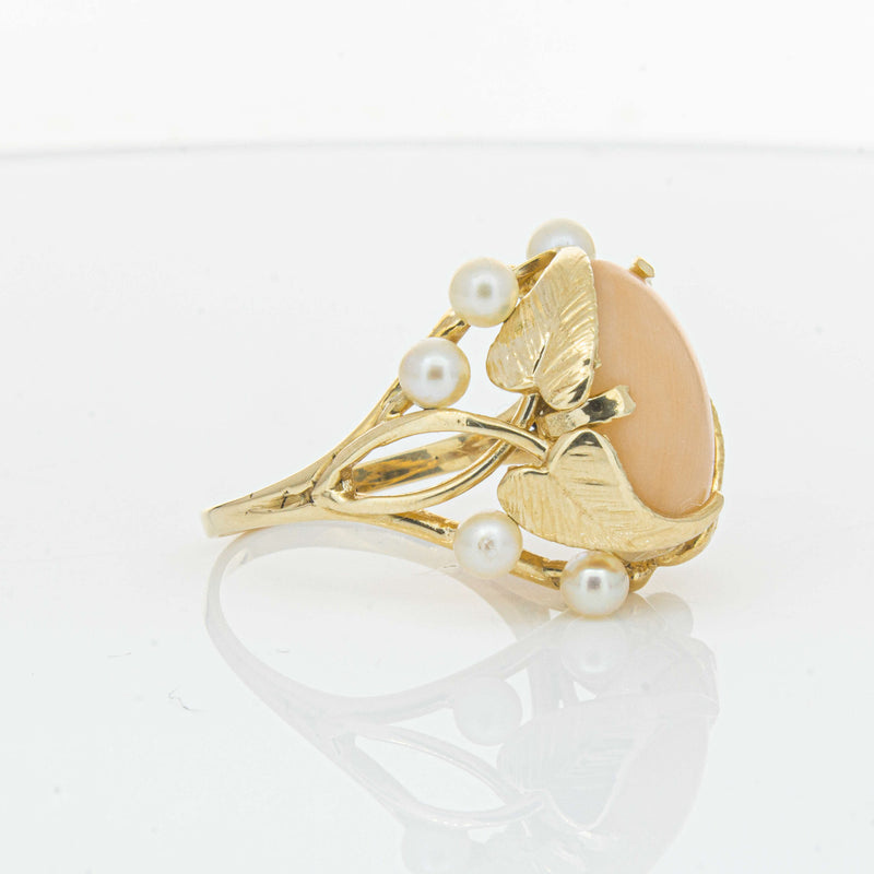 Deja Vu 14ct Yellow Gold Pink Coral & Pearl Ring - Ring - Walker & Hall