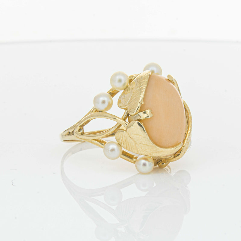 Deja Vu 14ct Yellow Gold Pink Coral & Pearl Ring - Ring - Walker & Hall
