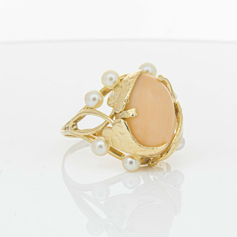 Deja Vu 14ct Yellow Gold Pink Coral & Pearl Ring - Ring - Walker & Hall