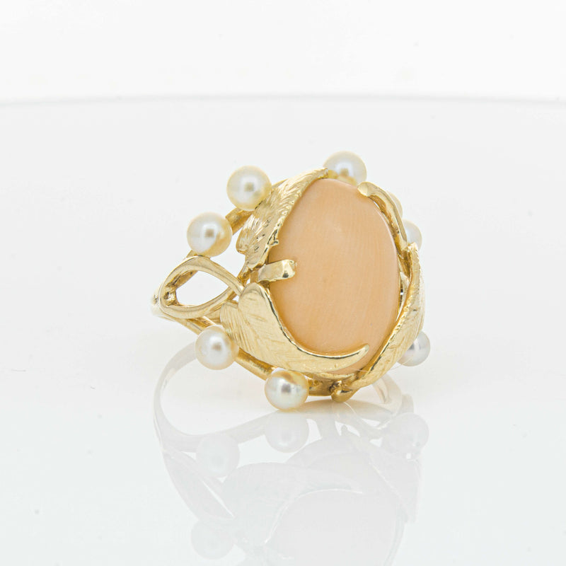 Deja Vu 14ct Yellow Gold Pink Coral & Pearl Ring - Ring - Walker & Hall