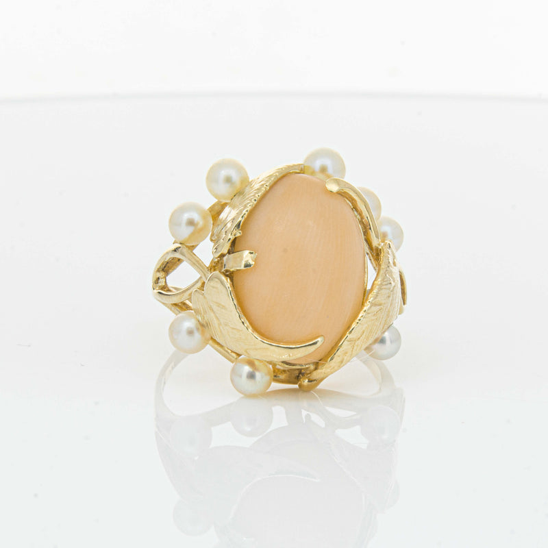 Deja Vu 14ct Yellow Gold Pink Coral & Pearl Ring - Ring - Walker & Hall