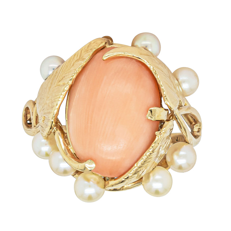 Deja Vu 14ct Yellow Gold Pink Coral & Pearl Ring - Ring - Walker & Hall