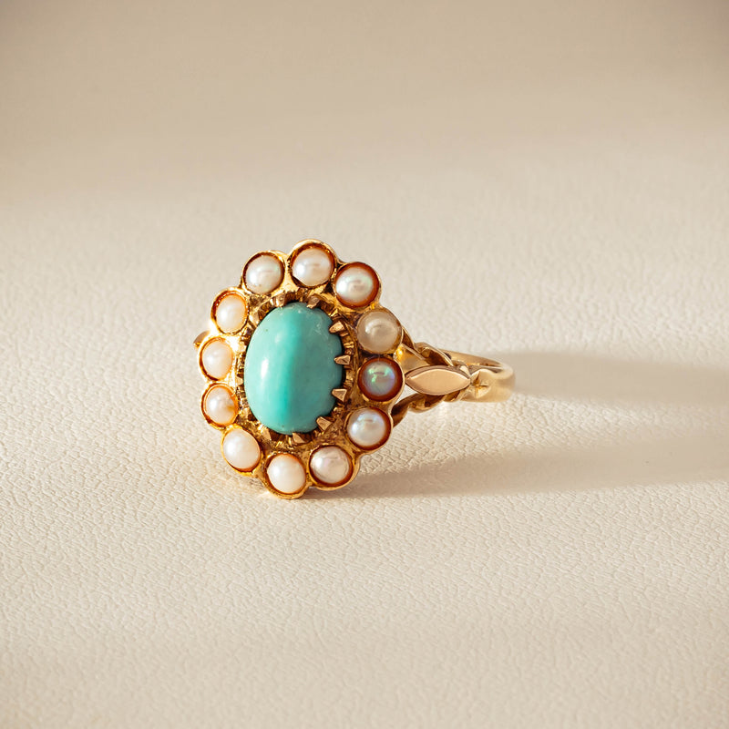 Deja Vu 9ct Yellow Gold Turquoise & Seed Pearl Ring - Ring - Walker & Hall