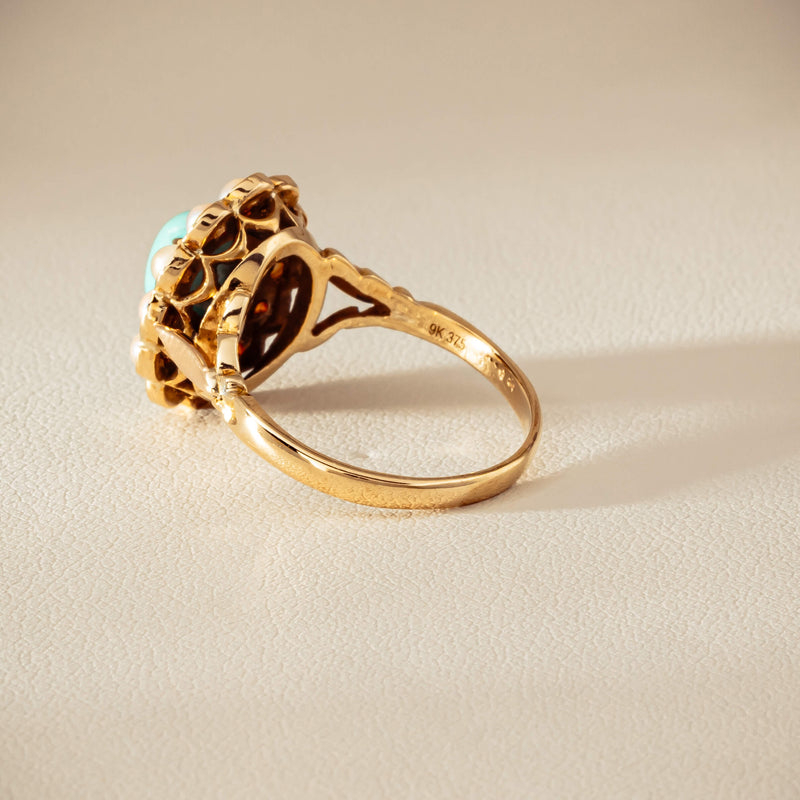 Deja Vu 9ct Yellow Gold Turquoise & Seed Pearl Ring - Ring - Walker & Hall