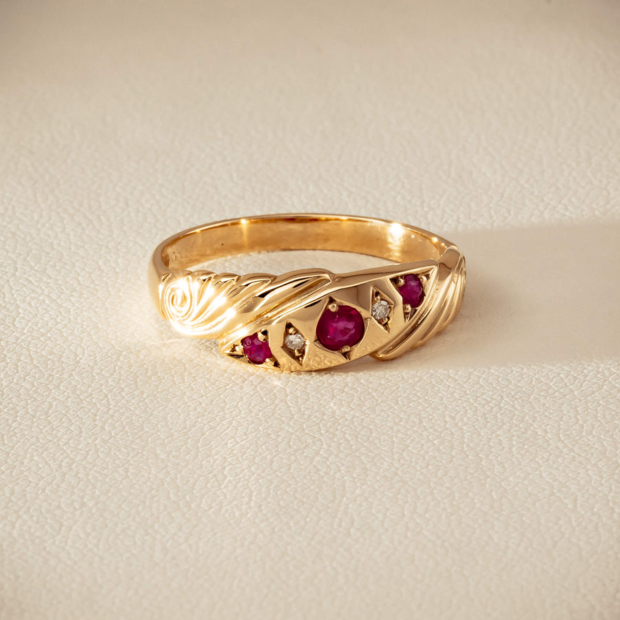 Deja Vu 9ct Yellow Gold Ruby & Diamond Scroll Ring - Ring - Walker & Hall