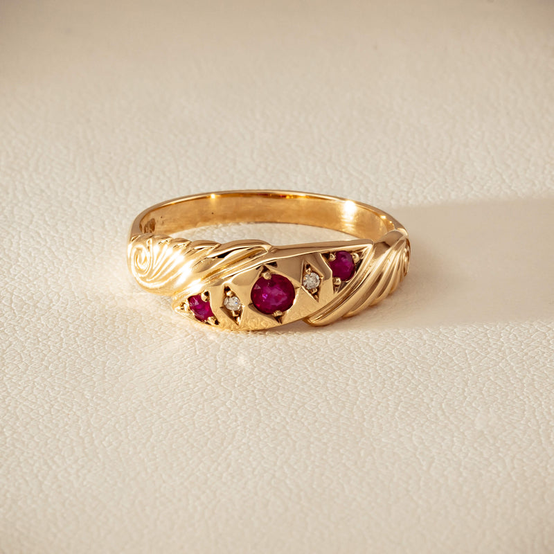 Deja Vu 9ct Yellow Gold Ruby & Diamond Scroll Ring - Ring - Walker & Hall
