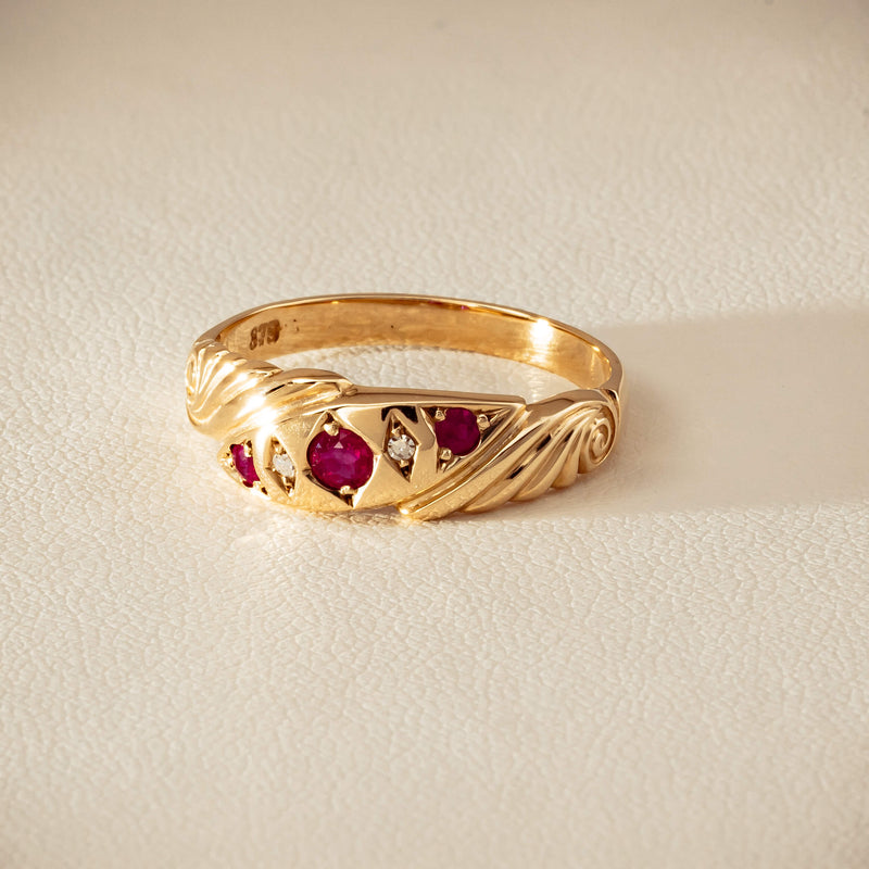 Deja Vu 9ct Yellow Gold Ruby & Diamond Scroll Ring - Ring - Walker & Hall