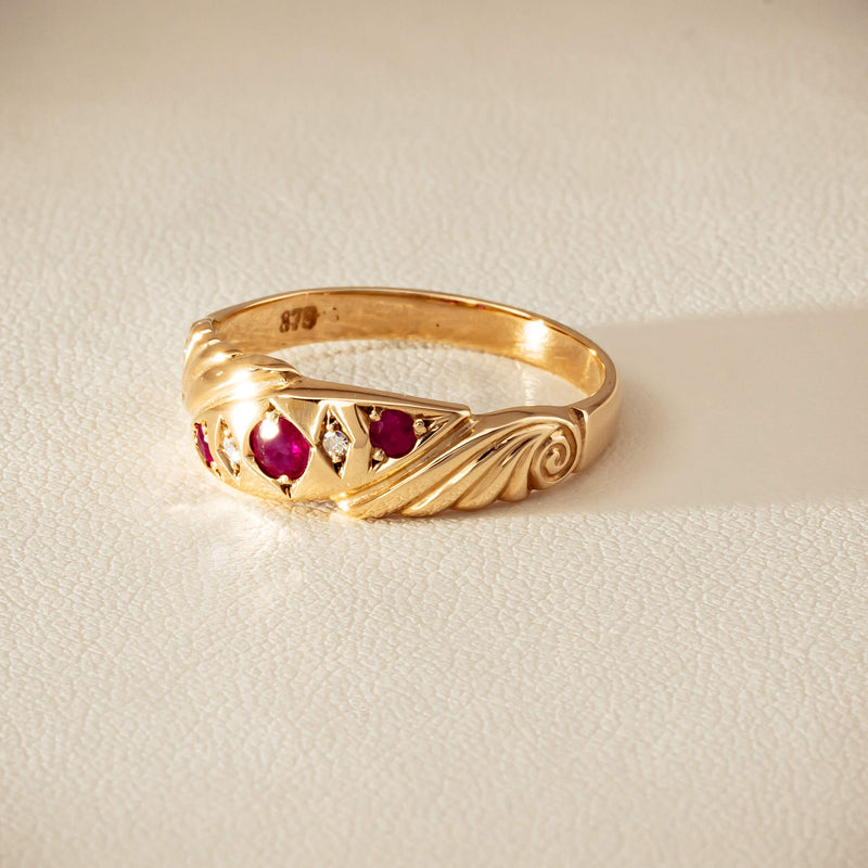Deja Vu 9ct Yellow Gold Ruby & Diamond Scroll Ring - Ring - Walker & Hall