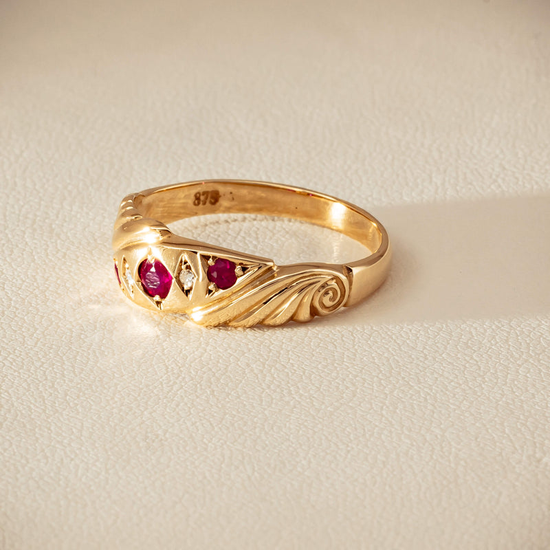 Deja Vu 9ct Yellow Gold Ruby & Diamond Scroll Ring - Ring - Walker & Hall
