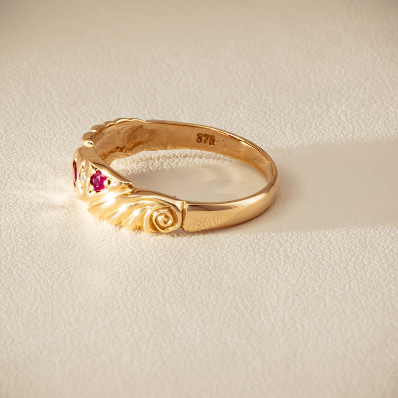 Deja Vu 9ct Yellow Gold Ruby & Diamond Scroll Ring - Ring - Walker & Hall