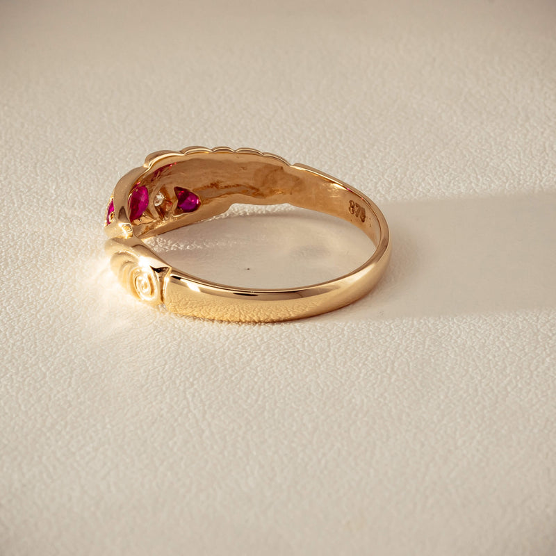 Deja Vu 9ct Yellow Gold Ruby & Diamond Scroll Ring - Ring - Walker & Hall