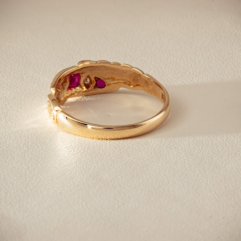Deja Vu 9ct Yellow Gold Ruby & Diamond Scroll Ring - Ring - Walker & Hall