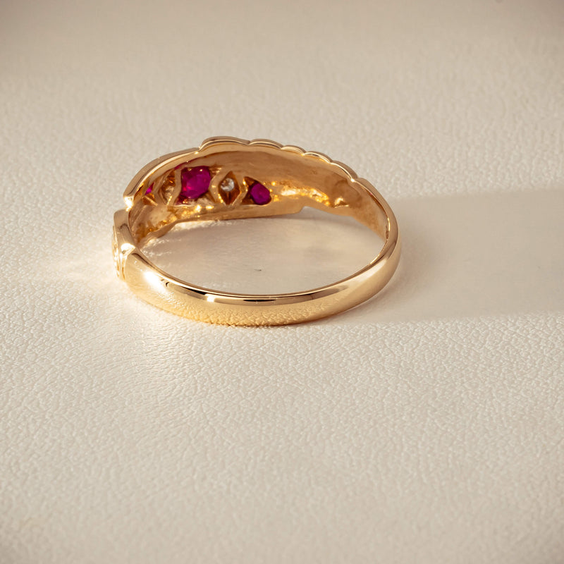 Deja Vu 9ct Yellow Gold Ruby & Diamond Scroll Ring - Ring - Walker & Hall