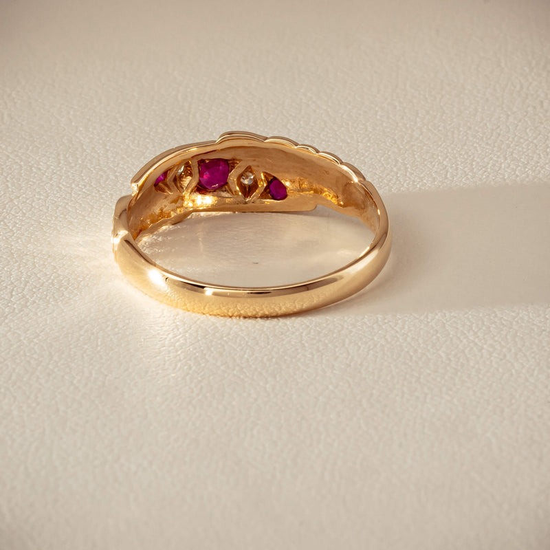 Deja Vu 9ct Yellow Gold Ruby & Diamond Scroll Ring - Ring - Walker & Hall