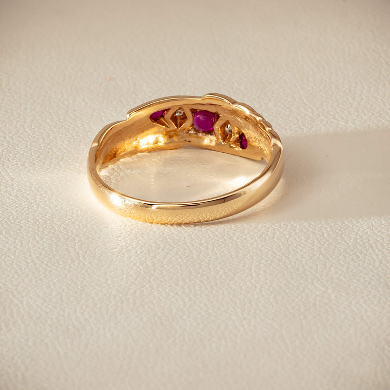 Deja Vu 9ct Yellow Gold Ruby & Diamond Scroll Ring - Ring - Walker & Hall