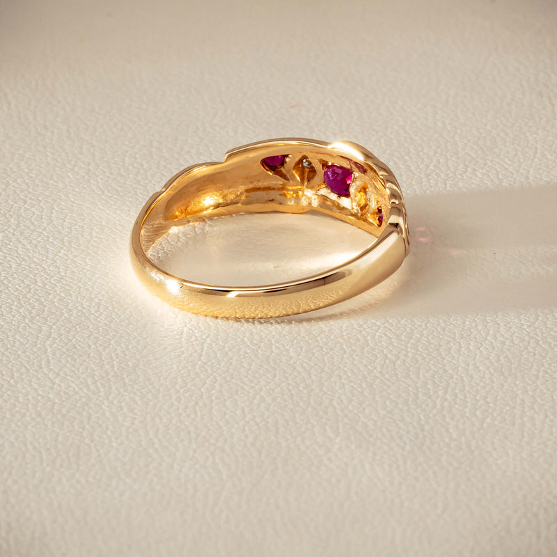 Deja Vu 9ct Yellow Gold Ruby & Diamond Scroll Ring - Ring - Walker & Hall
