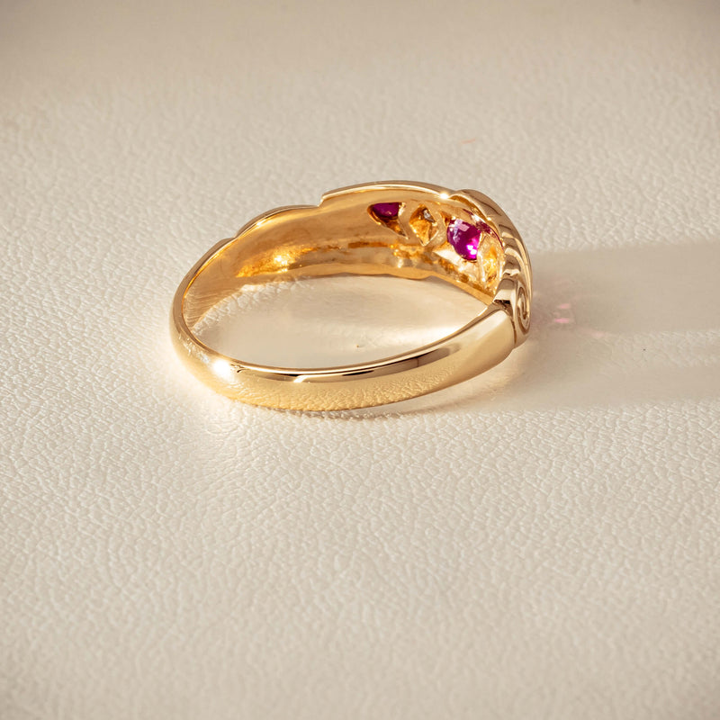 Deja Vu 9ct Yellow Gold Ruby & Diamond Scroll Ring - Ring - Walker & Hall