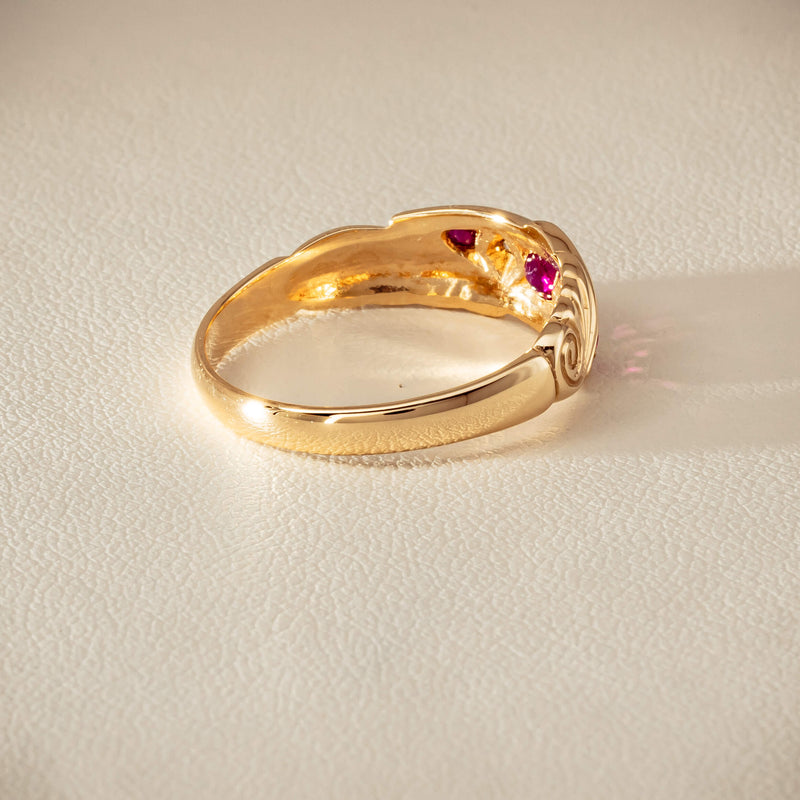 Deja Vu 9ct Yellow Gold Ruby & Diamond Scroll Ring - Ring - Walker & Hall