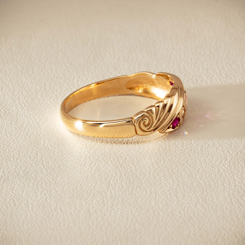 Deja Vu 9ct Yellow Gold Ruby & Diamond Scroll Ring - Ring - Walker & Hall