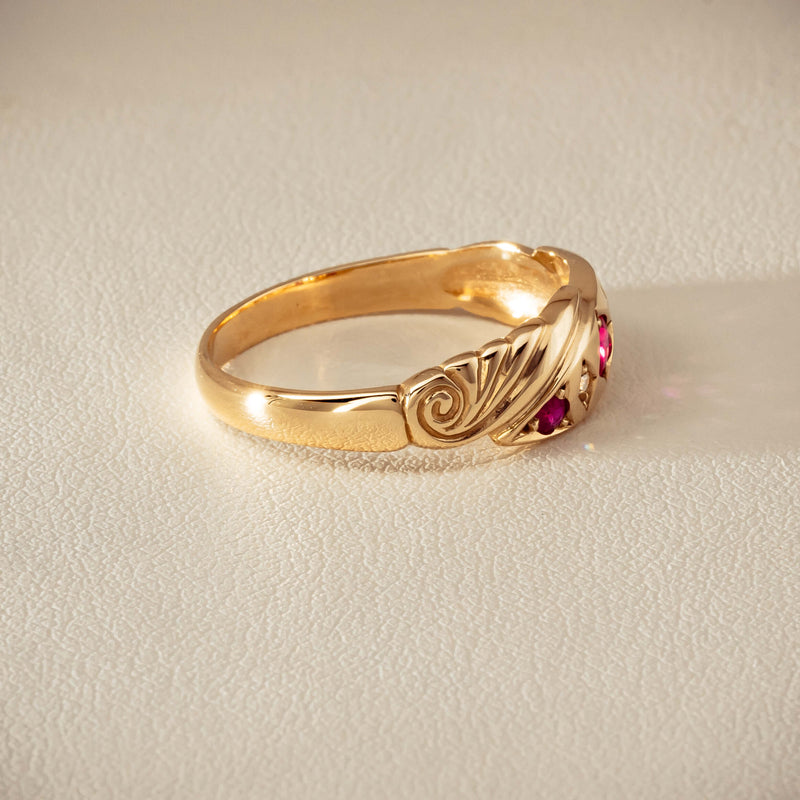 Deja Vu 9ct Yellow Gold Ruby & Diamond Scroll Ring - Ring - Walker & Hall