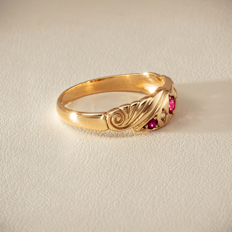 Deja Vu 9ct Yellow Gold Ruby & Diamond Scroll Ring - Ring - Walker & Hall