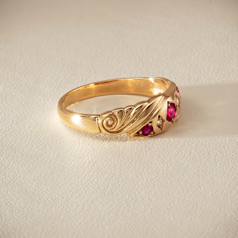 Deja Vu 9ct Yellow Gold Ruby & Diamond Scroll Ring - Ring - Walker & Hall