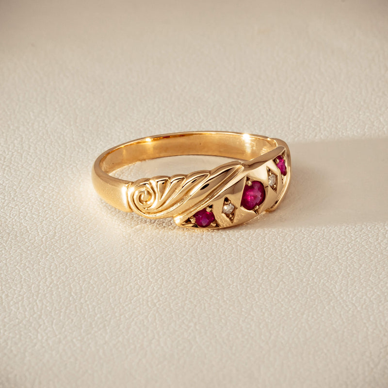 Deja Vu 9ct Yellow Gold Ruby & Diamond Scroll Ring - Ring - Walker & Hall