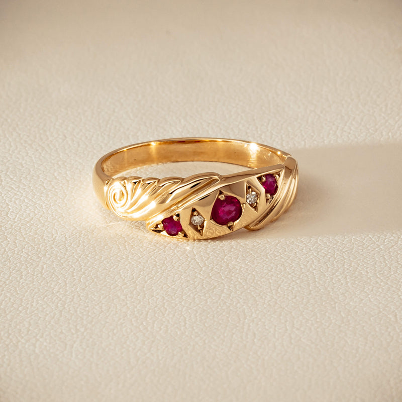 Deja Vu 9ct Yellow Gold Ruby & Diamond Scroll Ring - Ring - Walker & Hall
