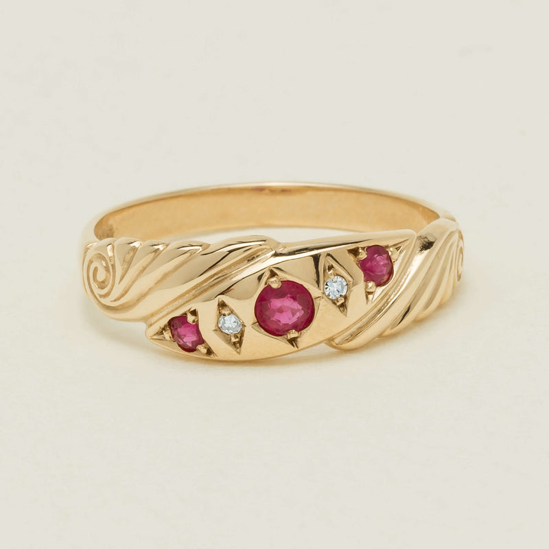 Deja Vu 9ct Yellow Gold Ruby & Diamond Scroll Ring - Ring - Walker & Hall