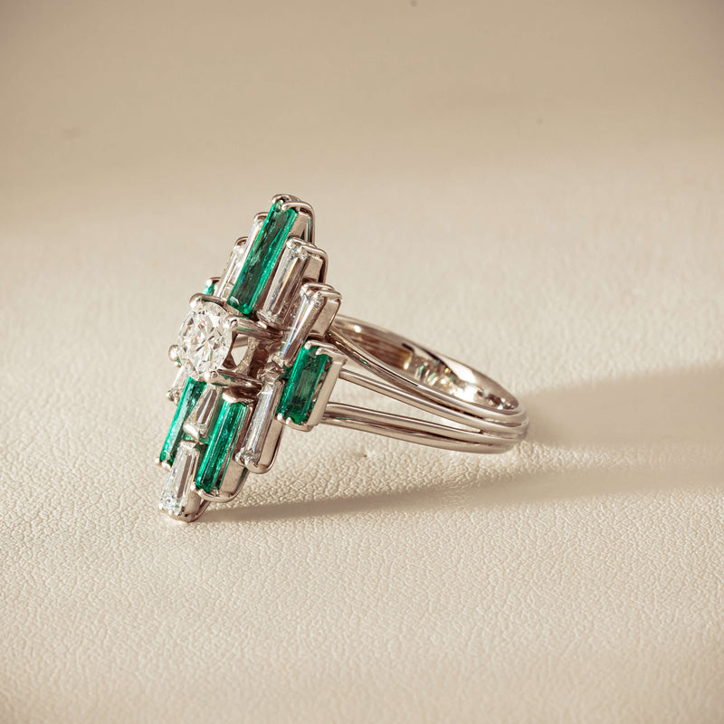 Vintage 18ct White Gold Diamond & Emerald Cluster Ring - Ring - Walker & Hall