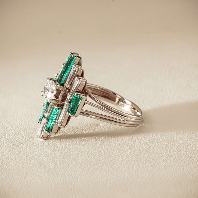 Vintage 18ct White Gold Diamond & Emerald Cluster Ring - Ring - Walker & Hall