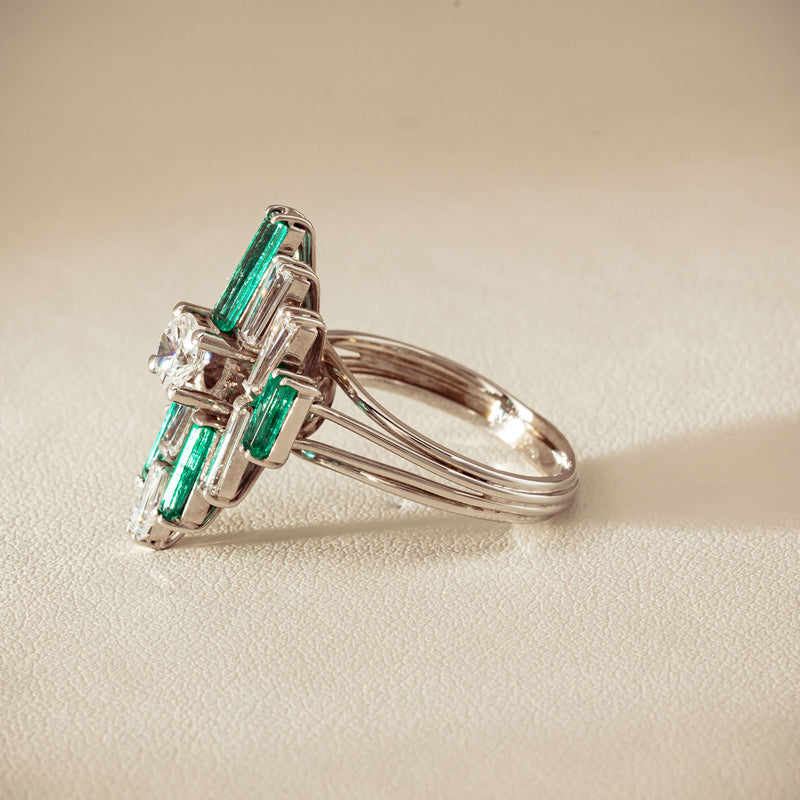 Vintage 18ct White Gold Diamond & Emerald Cluster Ring - Ring - Walker & Hall