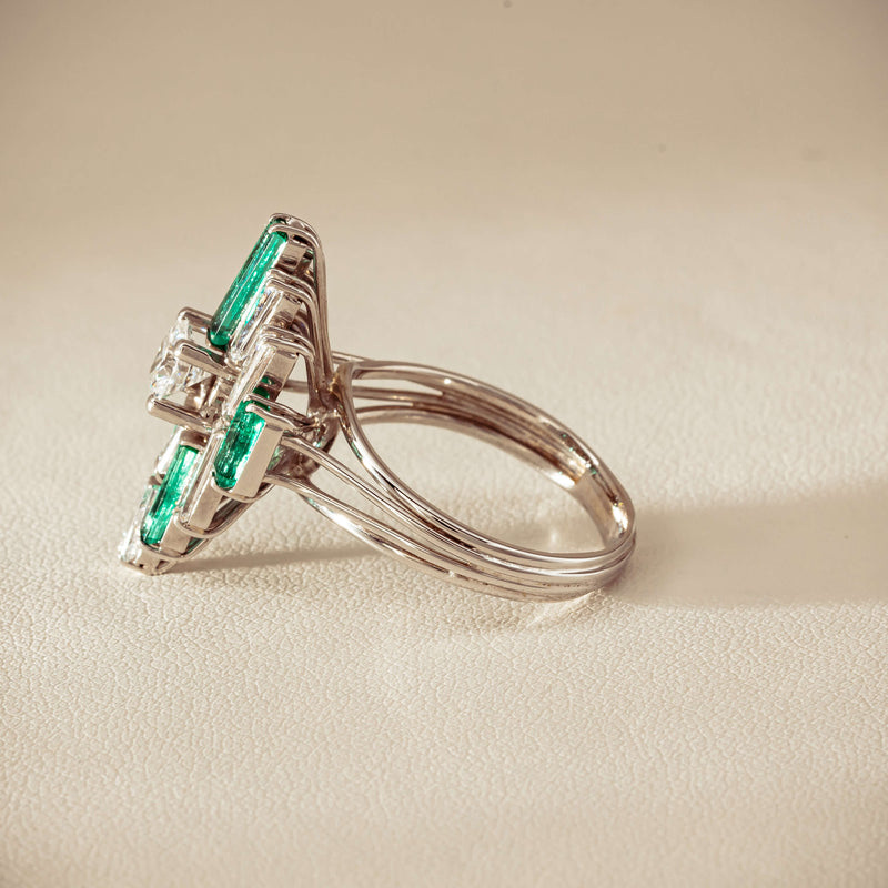 Vintage 18ct White Gold Diamond & Emerald Cluster Ring - Ring - Walker & Hall