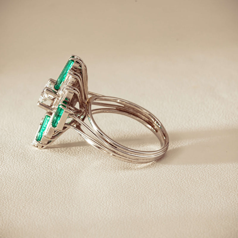 Vintage 18ct White Gold Diamond & Emerald Cluster Ring - Ring - Walker & Hall