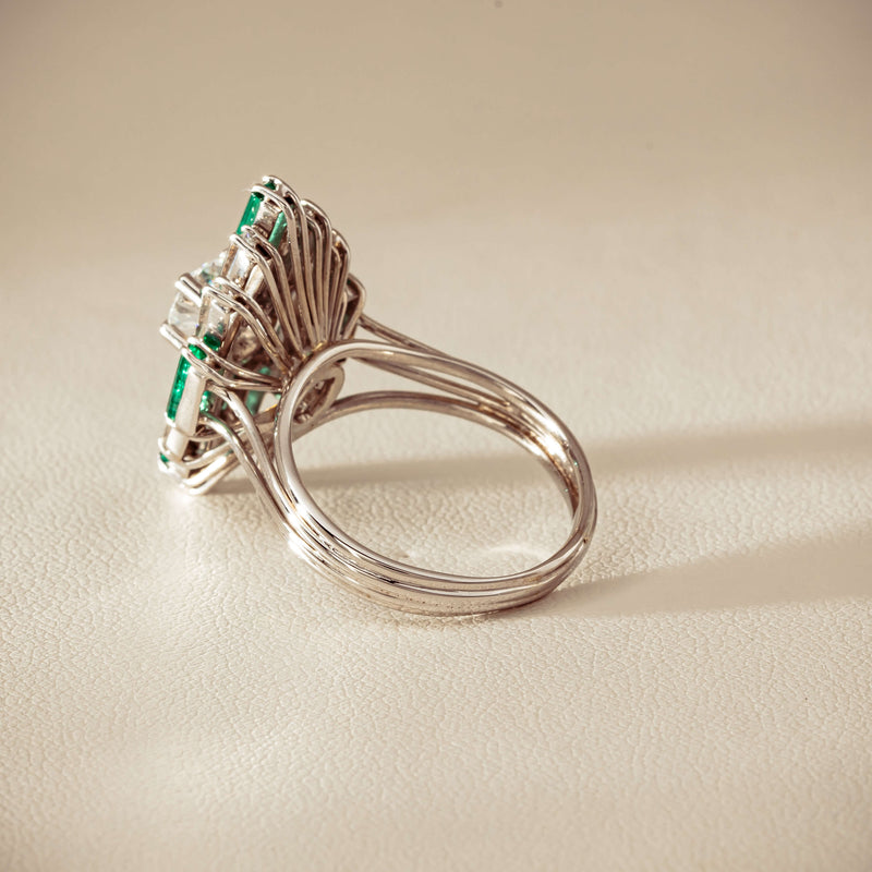Vintage 18ct White Gold Diamond & Emerald Cluster Ring - Ring - Walker & Hall
