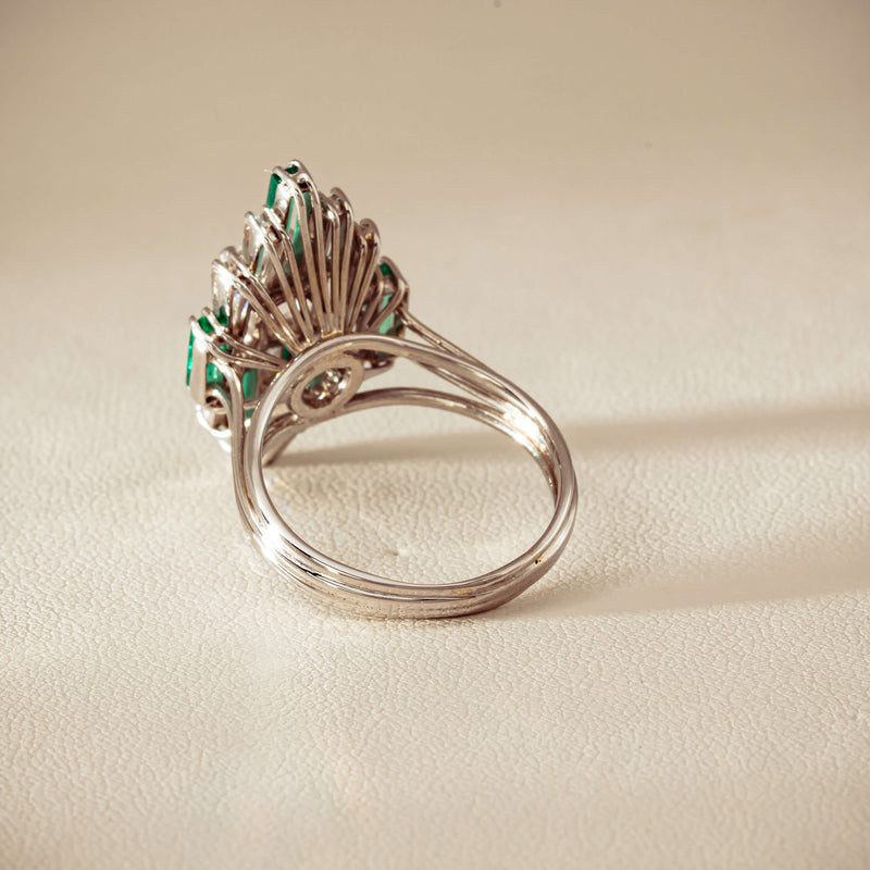Vintage 18ct White Gold Diamond & Emerald Cluster Ring - Ring - Walker & Hall