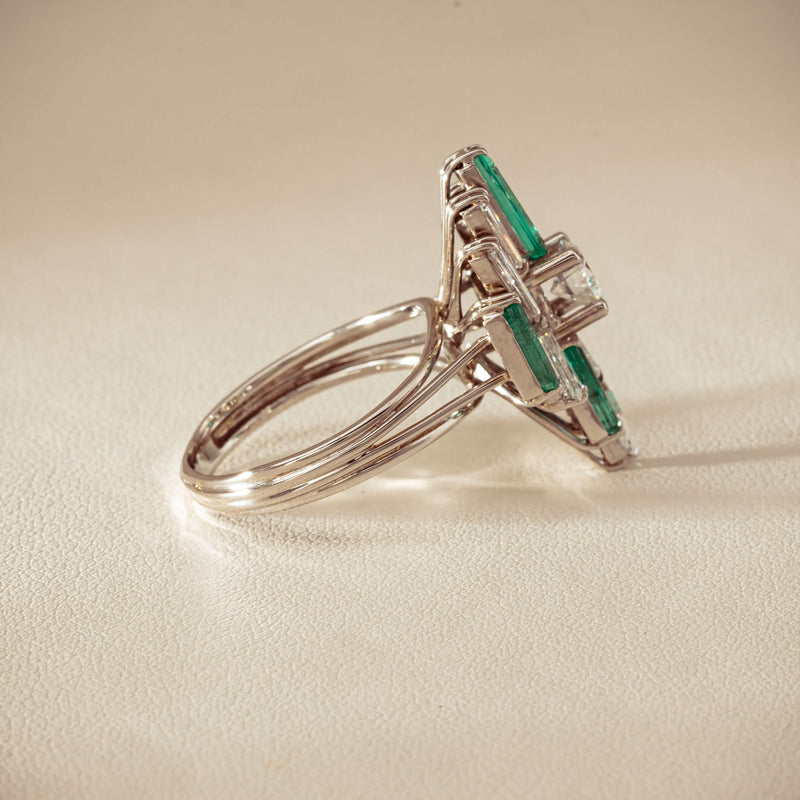Vintage 18ct White Gold Diamond & Emerald Cluster Ring - Ring - Walker & Hall