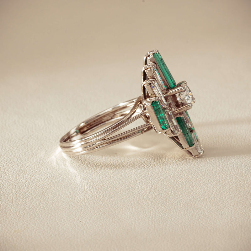 Vintage 18ct White Gold Diamond & Emerald Cluster Ring - Ring - Walker & Hall