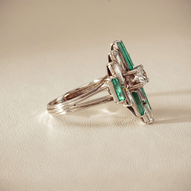 Vintage 18ct White Gold Diamond & Emerald Cluster Ring - Ring - Walker & Hall