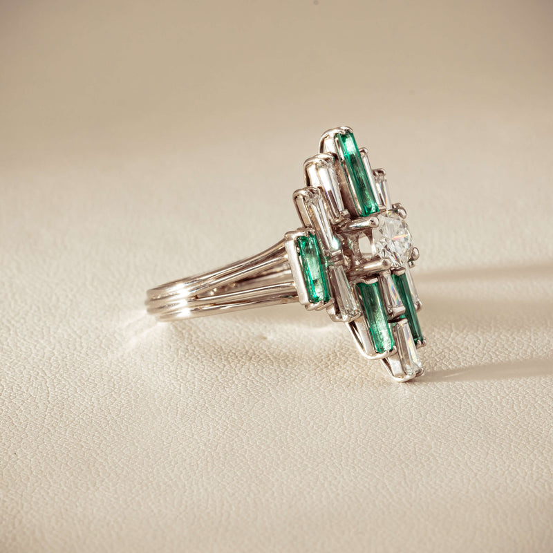 Vintage 18ct White Gold Diamond & Emerald Cluster Ring - Ring - Walker & Hall
