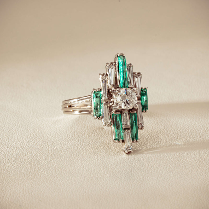 Vintage 18ct White Gold Diamond & Emerald Cluster Ring - Ring - Walker & Hall